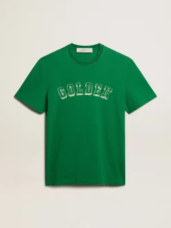 Discount Golden Goose Camiseta masculina de algodão verde com escrita no centro Coleção Journey