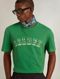Discount Golden Goose Camiseta masculina de algodão verde com escrita no centro Coleção Journey