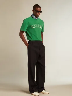 Discount Golden Goose Camiseta masculina de algodão verde com escrita no centro Coleção Journey