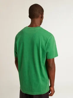Discount Golden Goose Camiseta masculina de algodão verde com escrita no centro Coleção Journey