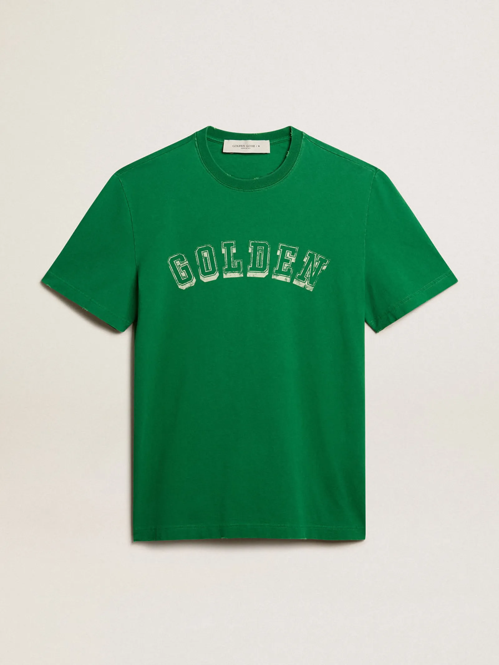 Discount Golden Goose Camiseta masculina de algodão verde com escrita no centro Coleção Journey