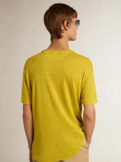 Outlet Golden Goose Camiseta masculina de linho amarelo milho Coleção Journey