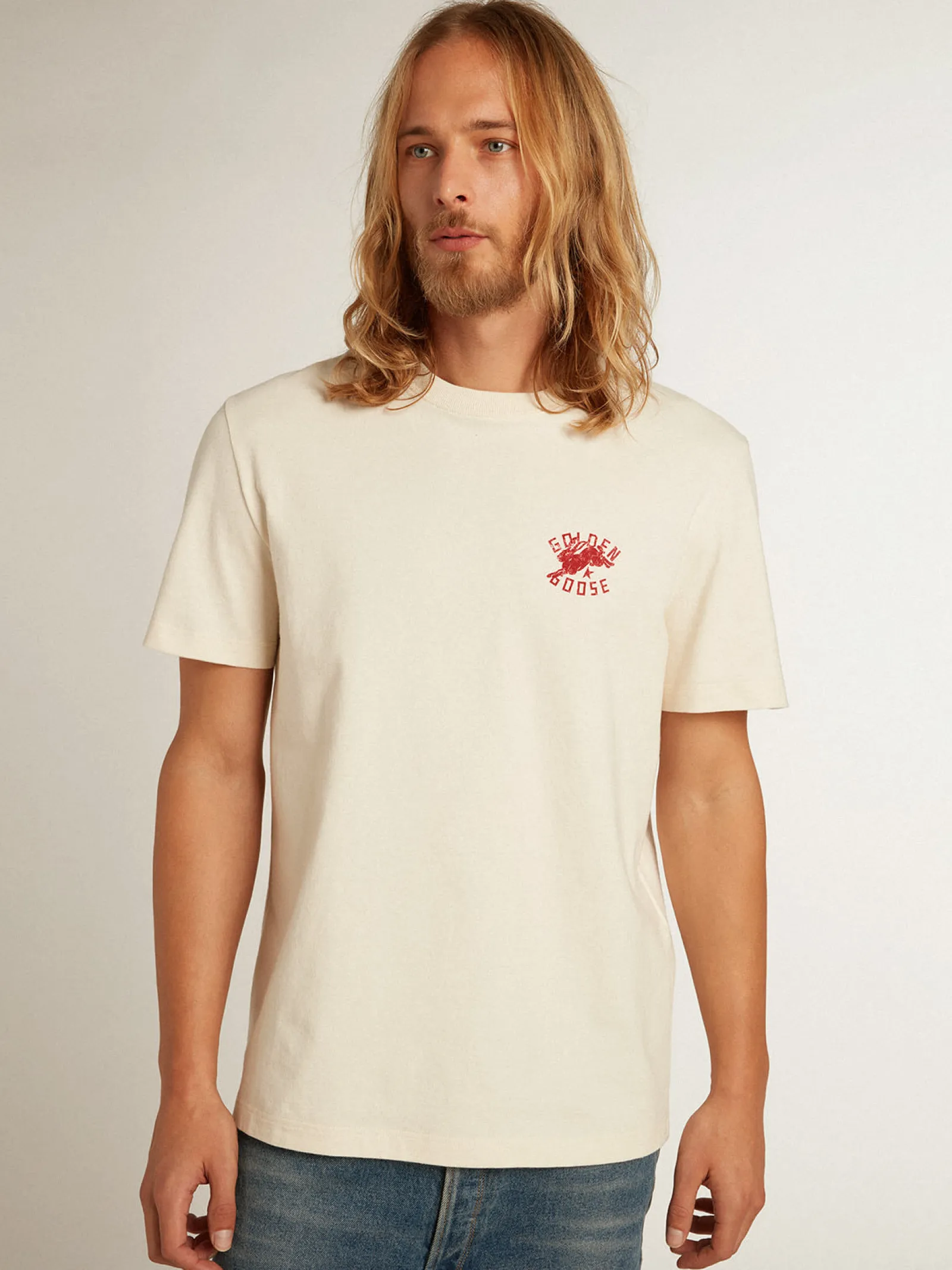 Discount Golden Goose Camiseta Masculina na cor branco heritage com logo CNY Cor: branco heritage