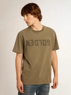 Fashion Golden Goose Camiseta masculina verde-oliva com inscrição Golden Cor: verde-oliva