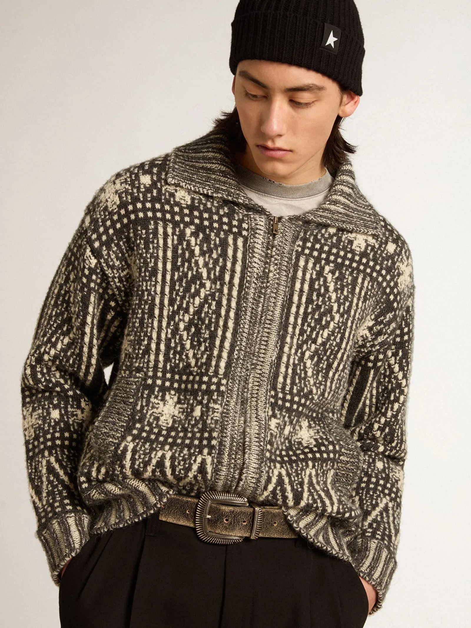 Fashion Golden Goose Cardigã com estampa fair isle cinza escuro Coleção Journey