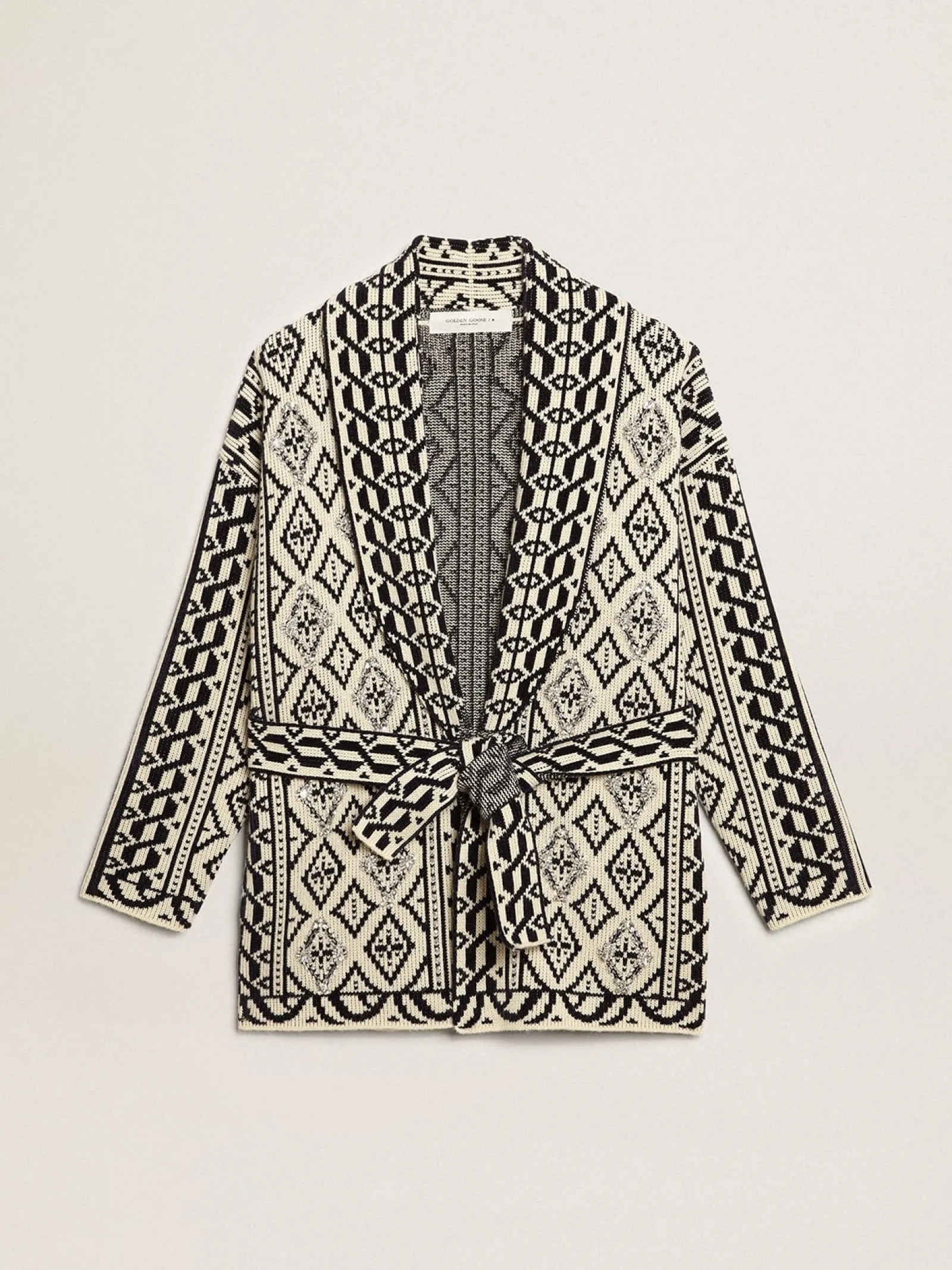 Hot Golden Goose Cardigã cor de papiro de lã com motivo jacquard e cristais Cor: papiro