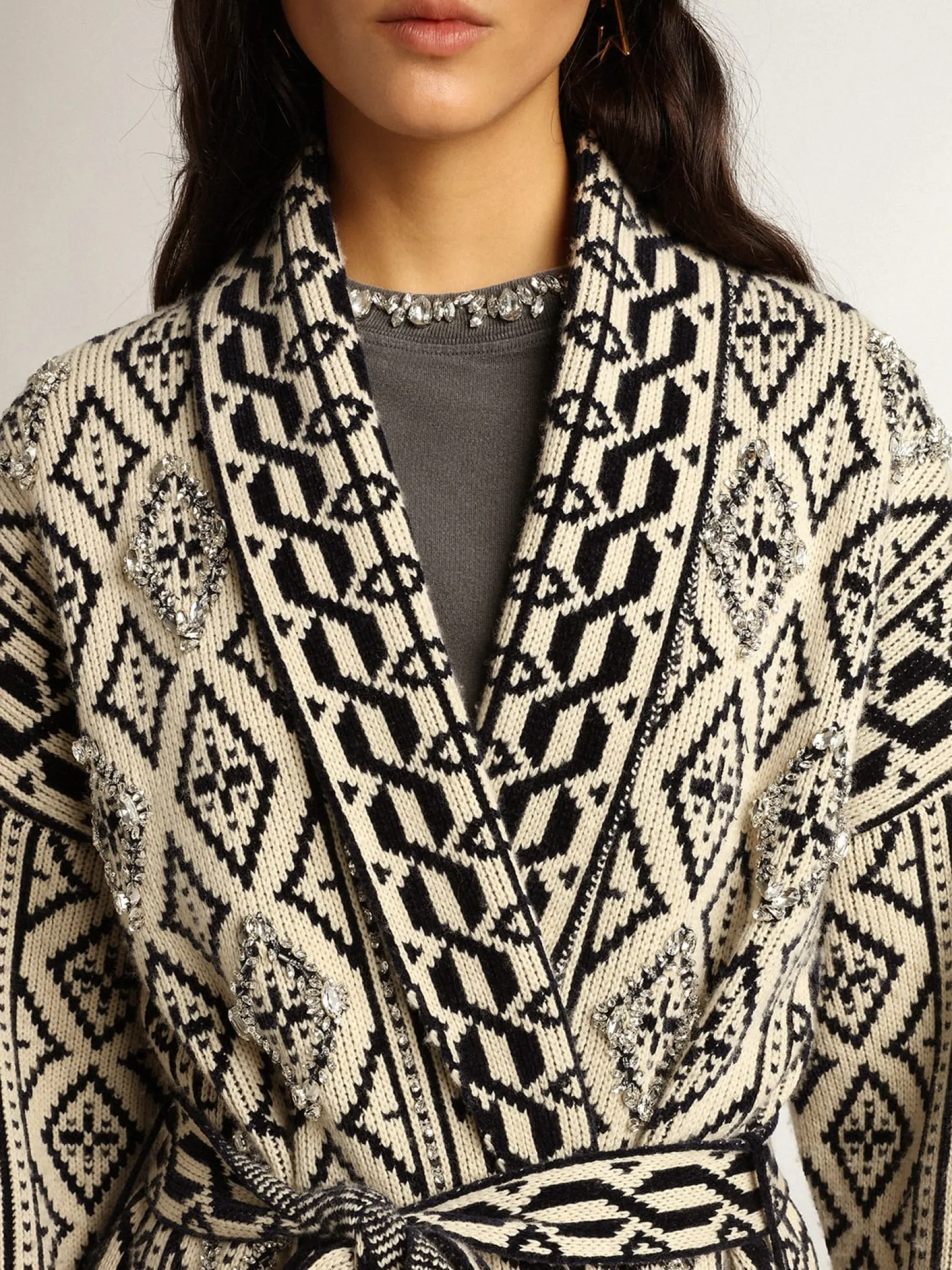 Hot Golden Goose Cardigã cor de papiro de lã com motivo jacquard e cristais Cor: papiro