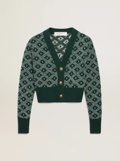 Flash Sale Golden Goose Cardigã cropped feminino com jacquard em losangos verde e branco Cor: verde e branco