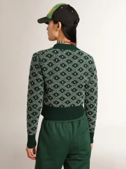 Flash Sale Golden Goose Cardigã cropped feminino com jacquard em losangos verde e branco Cor: verde e branco