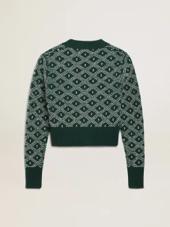 Flash Sale Golden Goose Cardigã cropped feminino com jacquard em losangos verde e branco Cor: verde e branco