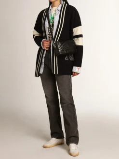Sale Golden Goose Cardigã feminino azul com cinto e inscrição nas costas Cor: azul