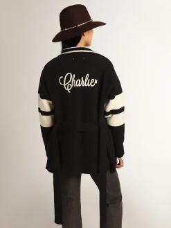 Sale Golden Goose Cardigã feminino azul com cinto e inscrição nas costas Cor: azul