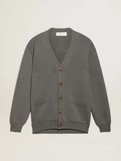 Cheap Golden Goose Cardigã feminino de algodão cinza mescla com logo nas costas Cor: cinza mescla escuro