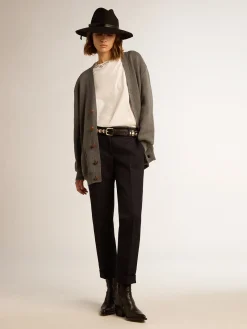 Cheap Golden Goose Cardigã feminino de algodão cinza mescla com logo nas costas Cor: cinza mescla escuro