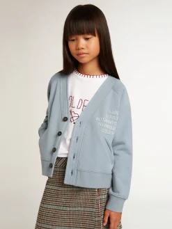 Clearance Golden Goose Cardigã infantil feminino de algodão azul com escrita de miçangas Coleção Journey