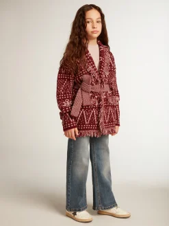 Discount Golden Goose Cardigã infantil feminino com cinto e estampa fair isle bordô Coleção Journey