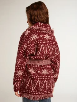 Discount Golden Goose Cardigã infantil feminino com cinto e estampa fair isle bordô Coleção Journey
