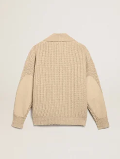Discount Golden Goose Cardigã masculino de abotoamento duplo de lã bege com patches de couro Cor: bege claro
