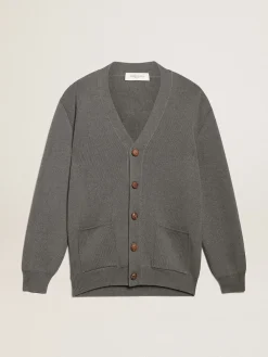 Discount Golden Goose Cardigã masculino de algodão cinza mescla com logo nas costas Cor: cinza mescla escuro