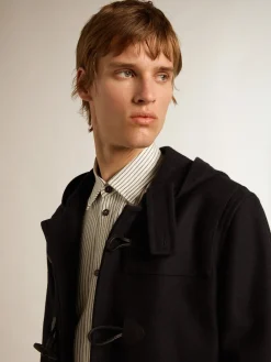Fashion Golden Goose Casaco Duffle de lã azul-escura com capuz e fecho de sapo Golden Collection