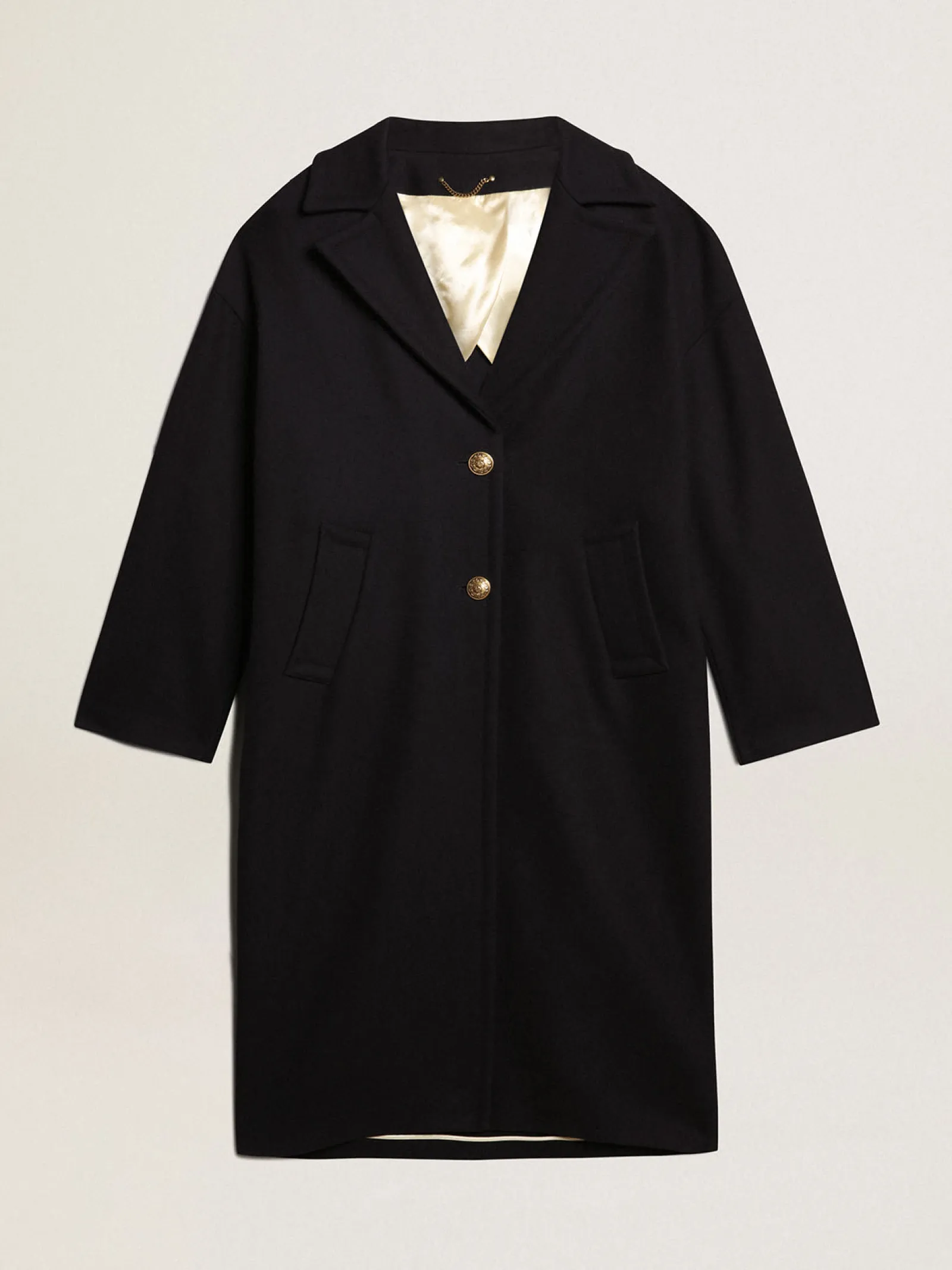 Cheap Golden Goose Casaco feminino de abotoamento simples tipo cocoon de lã azul-escuro com botões dourados Cor: azul-escuro