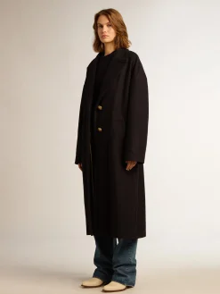 Cheap Golden Goose Casaco feminino de abotoamento simples tipo cocoon de lã azul-escuro com botões dourados Cor: azul-escuro
