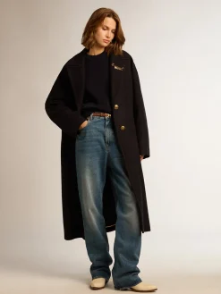 Cheap Golden Goose Casaco feminino de abotoamento simples tipo cocoon de lã azul-escuro com botões dourados Cor: azul-escuro