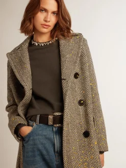 Best Golden Goose Casaco longo feminino espinha de peixe com detalhes amarelos Cor: cinza antracite