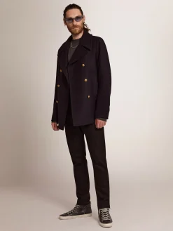 Best Sale Golden Goose Casaco masculino de abotoamento duplo de lã azul-escura e botões dourados Cor: azul-escuro