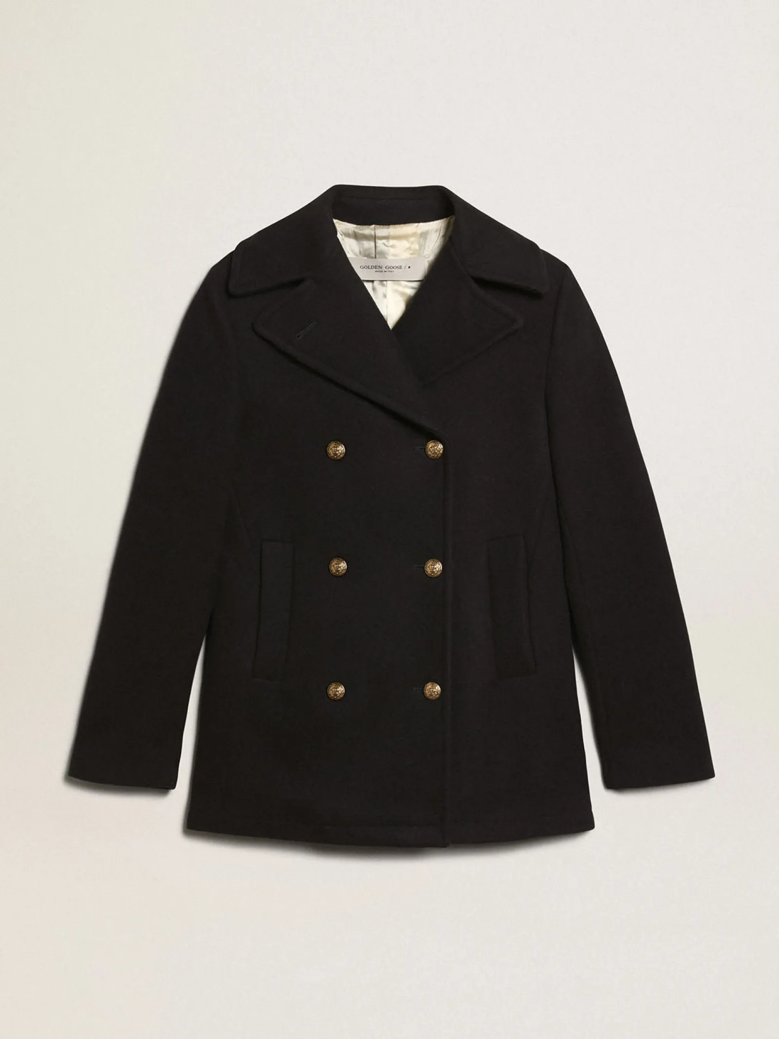 New Golden Goose Casaco peacoat feminino azul-escuro com botões heráldicos dourados Golden Collection