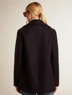 New Golden Goose Casaco peacoat feminino azul-escuro com botões heráldicos dourados Golden Collection