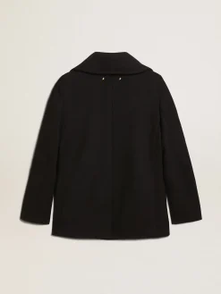 New Golden Goose Casaco peacoat feminino azul-escuro com botões heráldicos dourados Golden Collection