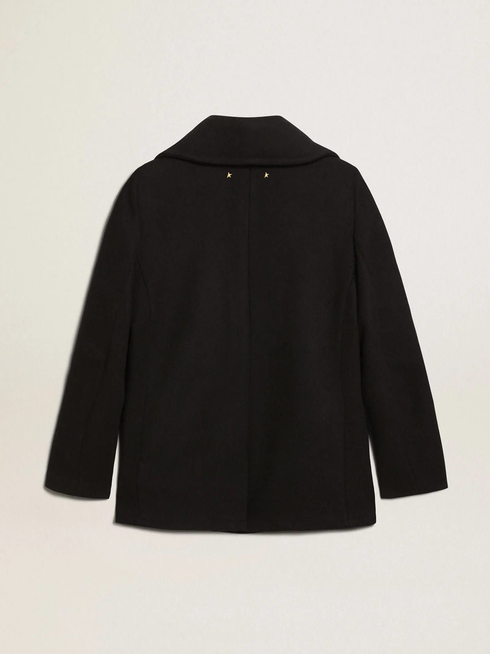 New Golden Goose Casaco peacoat feminino azul-escuro com botões heráldicos dourados Golden Collection