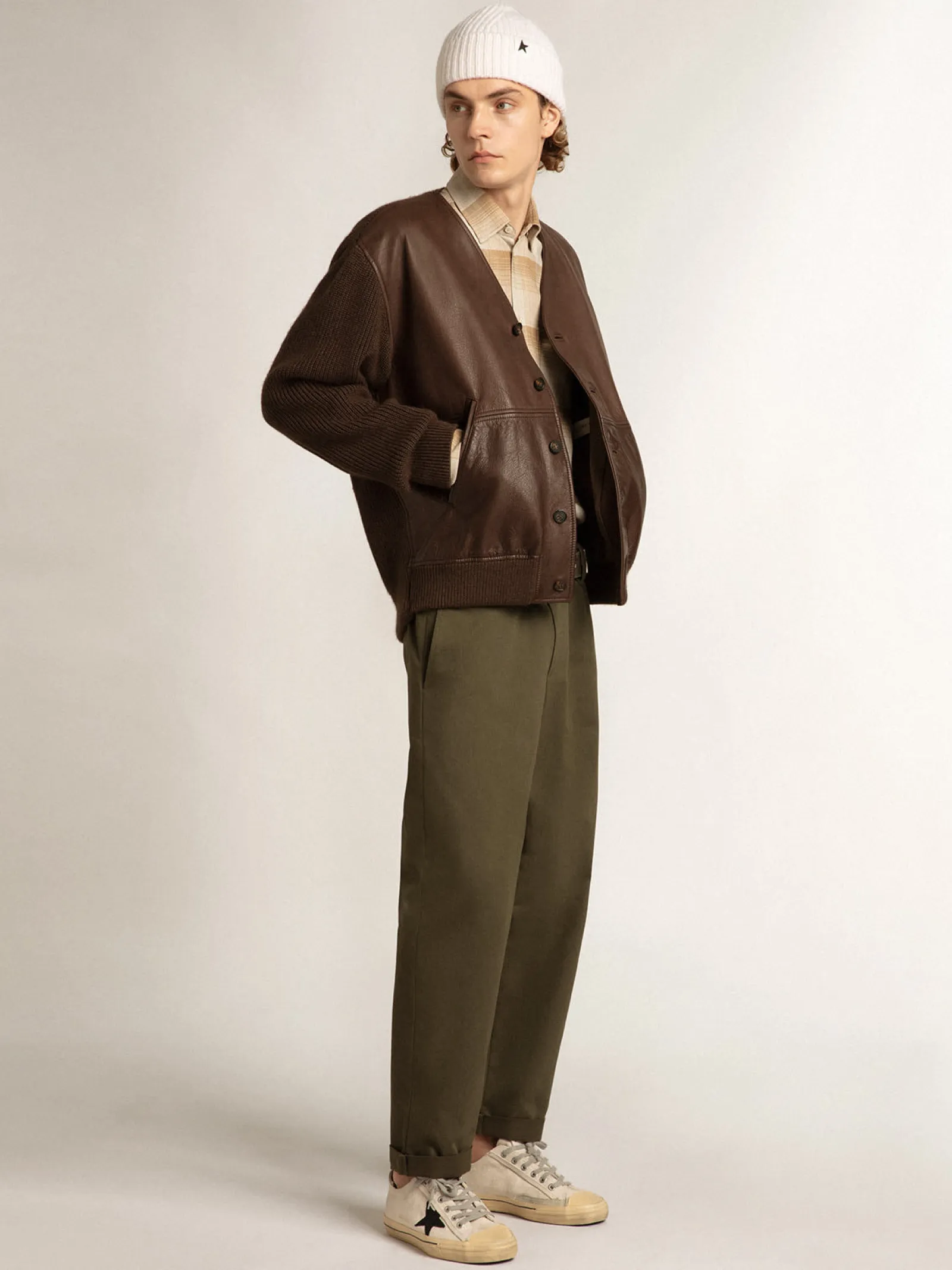 Clearance Golden Goose -colored leather and knit V-neck cardigan chocolate