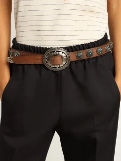 Outlet Golden Goose Cinto feminino de couro marrom-escuro com tachas prateadas Cor: marrom escuro