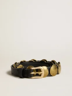 Flash Sale Golden Goose Cinto Trinidad preto de couro lavado com tachas douradas Coleção Journey