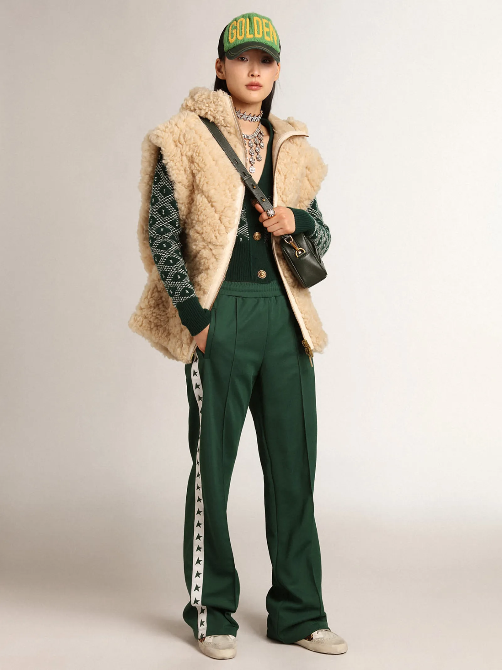 Discount Golden Goose Colete feminino de pele de carneiro dupla face na cor écru Cor: écru
