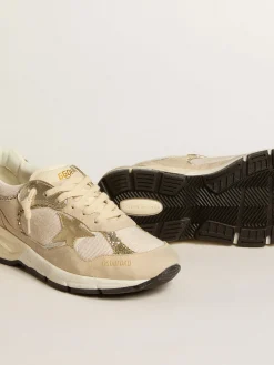 Best Sale Golden Goose Dad-Star de tela e suede perolado com estrela e talão de couro platinado Cabedal de tela e suede perolado