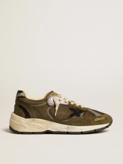 New Golden Goose Dad-Star Feminino de suede e tela com estrela e talão de couro preto Cabedal de suede e tela verde militar com inserções de tecido refletivo