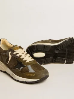 New Golden Goose Dad-Star Feminino de suede e tela com estrela e talão de couro preto Cabedal de suede e tela verde militar com inserções de tecido refletivo