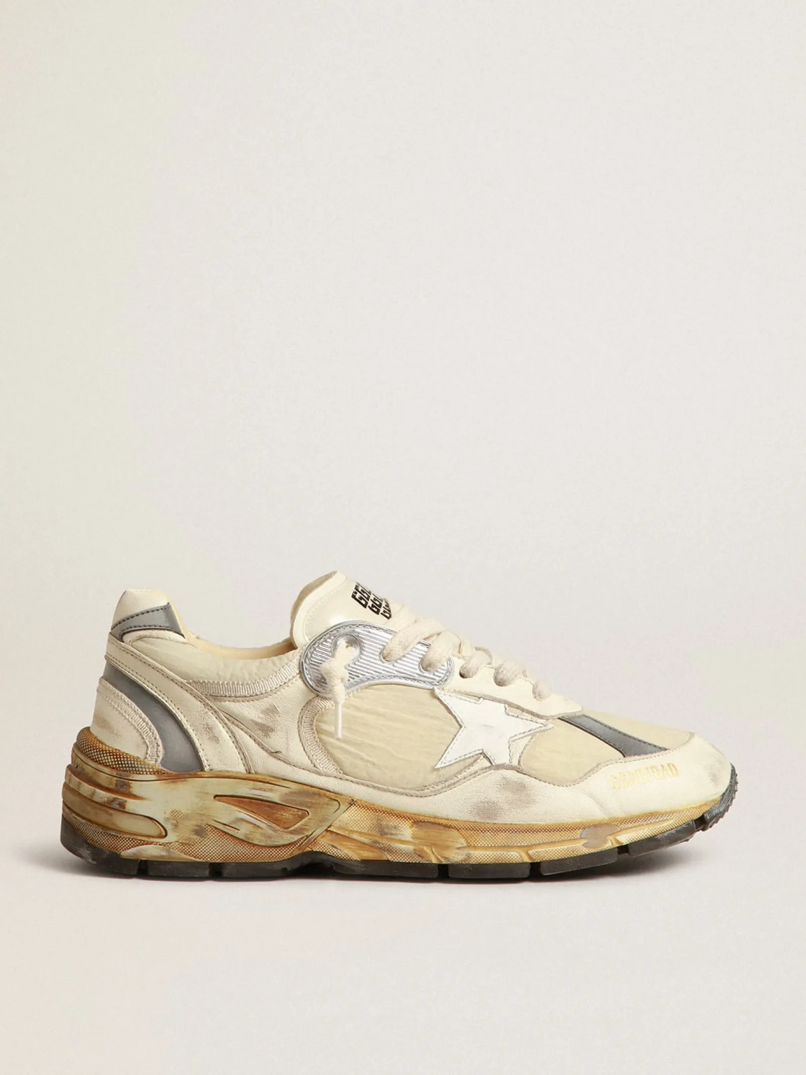 Cheap Golden Goose Dad-Star Masculino de náilon e napa bege, estrela de couro branco Cabedal de náilon e napa brancos
