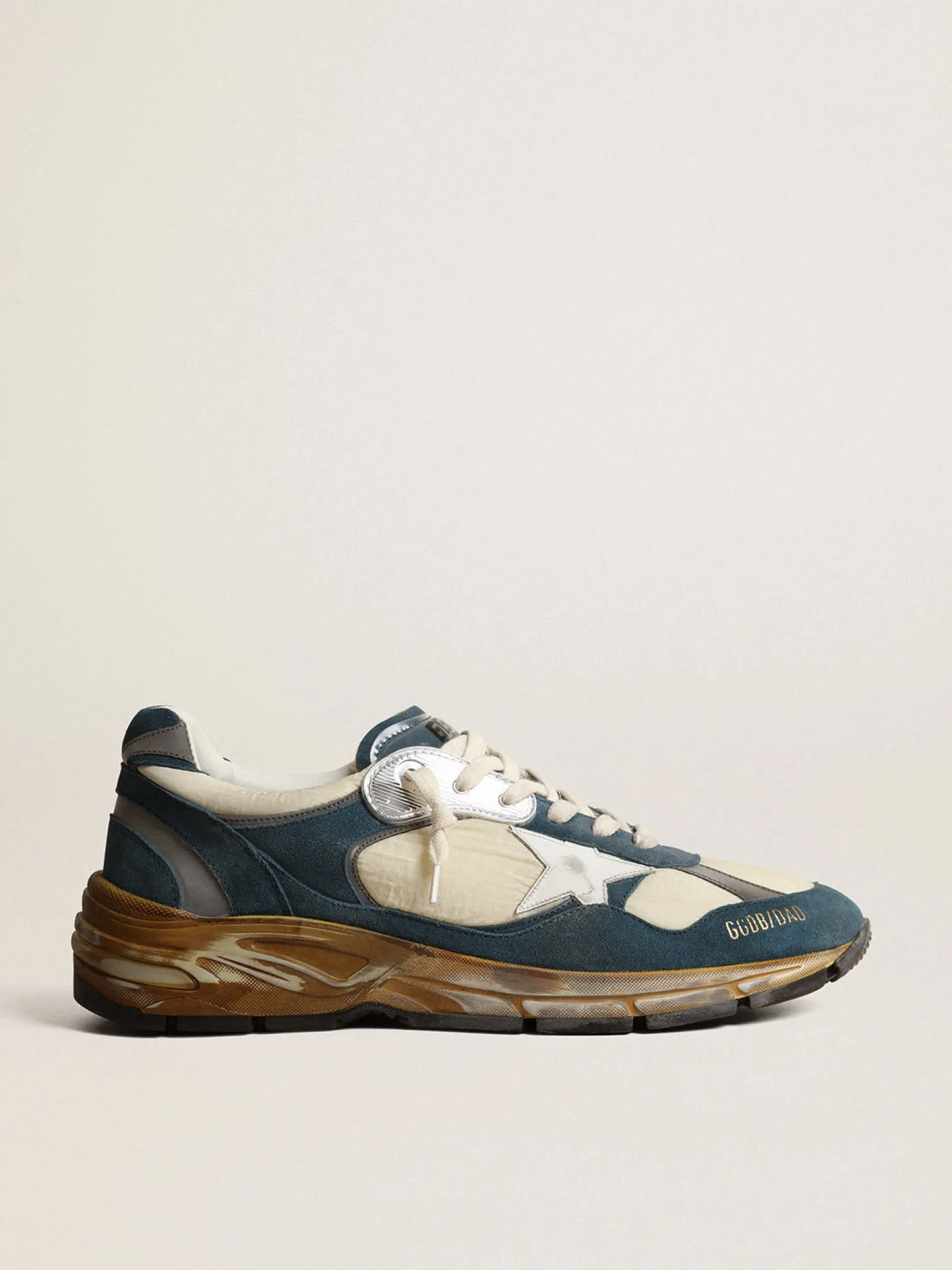 Outlet Golden Goose Dad-Star Masculino de suede azul petróleo, estrela de couro branco Cabedal de suede azul petróleo e náilon bege