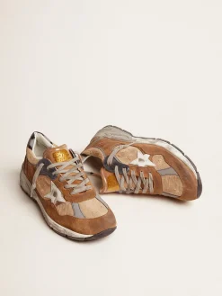 Hot Golden Goose Dad-Star masculino de tela e suede cor tabaco com estrela branca Cabedal de tela e suede na cor tabaco