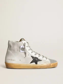 Clearance Golden Goose Francy feminino de suede branco com estrela de couro preto Cabedal de suede branco
