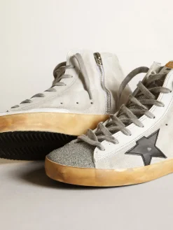 Clearance Golden Goose Francy feminino de suede branco com estrela de couro preto Cabedal de suede branco