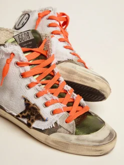 Fashion Golden Goose Francy LAB masculino com estampa camuflada e lona sobreposta Cabedal com estampa camuflada e camada de lona branca sobreposta