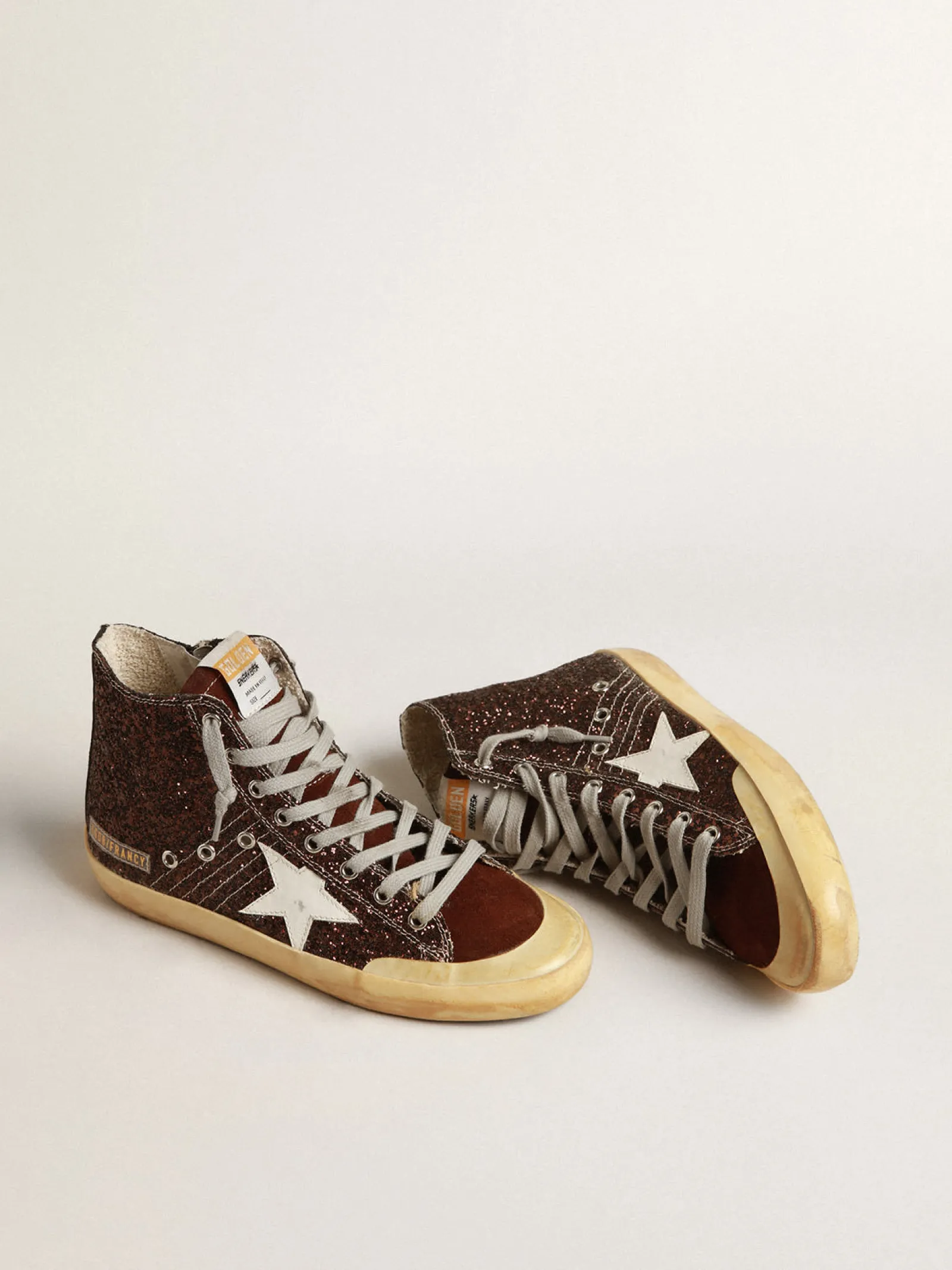 Best Sale Golden Goose Francy Penstar de glitter marrom com estrela de couro branco Cabedal de glitter marrom