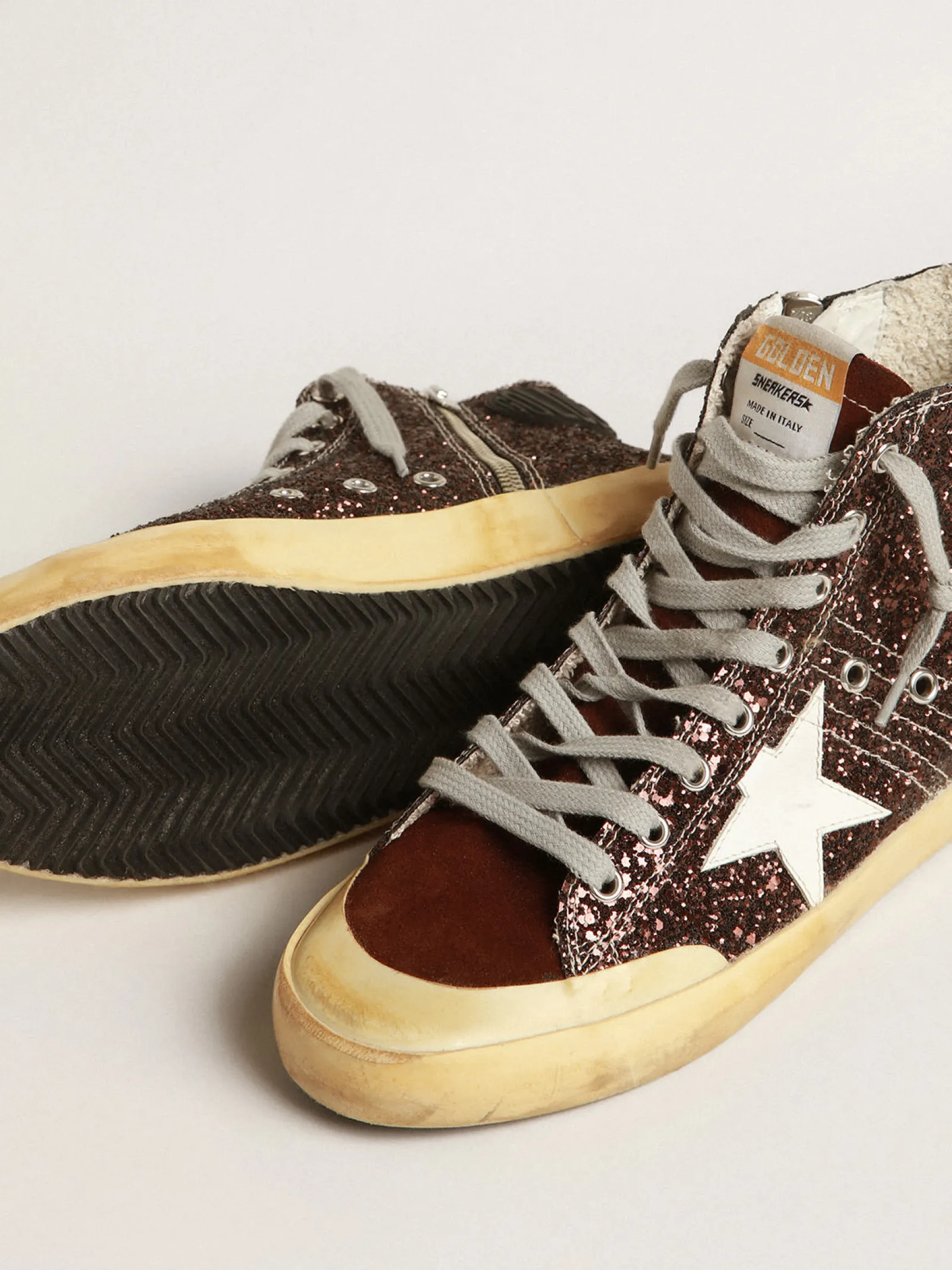 Best Sale Golden Goose Francy Penstar de glitter marrom com estrela de couro branco Cabedal de glitter marrom