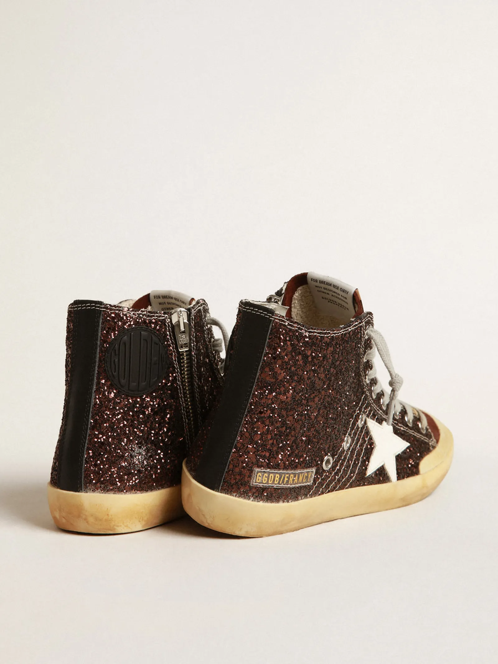 Best Sale Golden Goose Francy Penstar de glitter marrom com estrela de couro branco Cabedal de glitter marrom