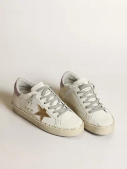 New Golden Goose Hi Star branco com estrela dourada e talão de naplak lilás Cabedal de napa branca